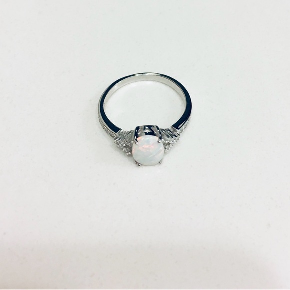 Sterling Silver Solitaire White Lab Opal Ring with CZ, Engagement Rings - Picture 5 of 8